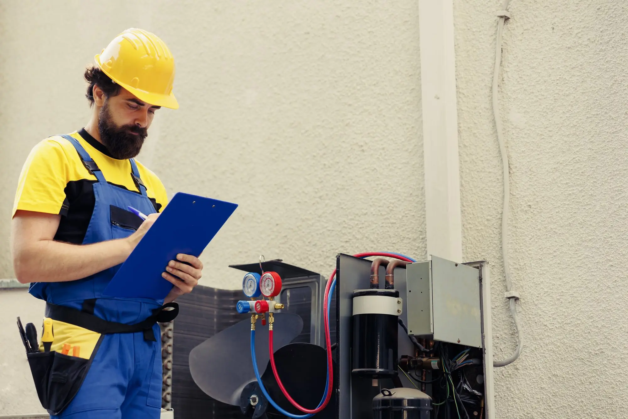 Técnico revisando con detector electrónico las conexiones de una unidad condensadora de refrigeración